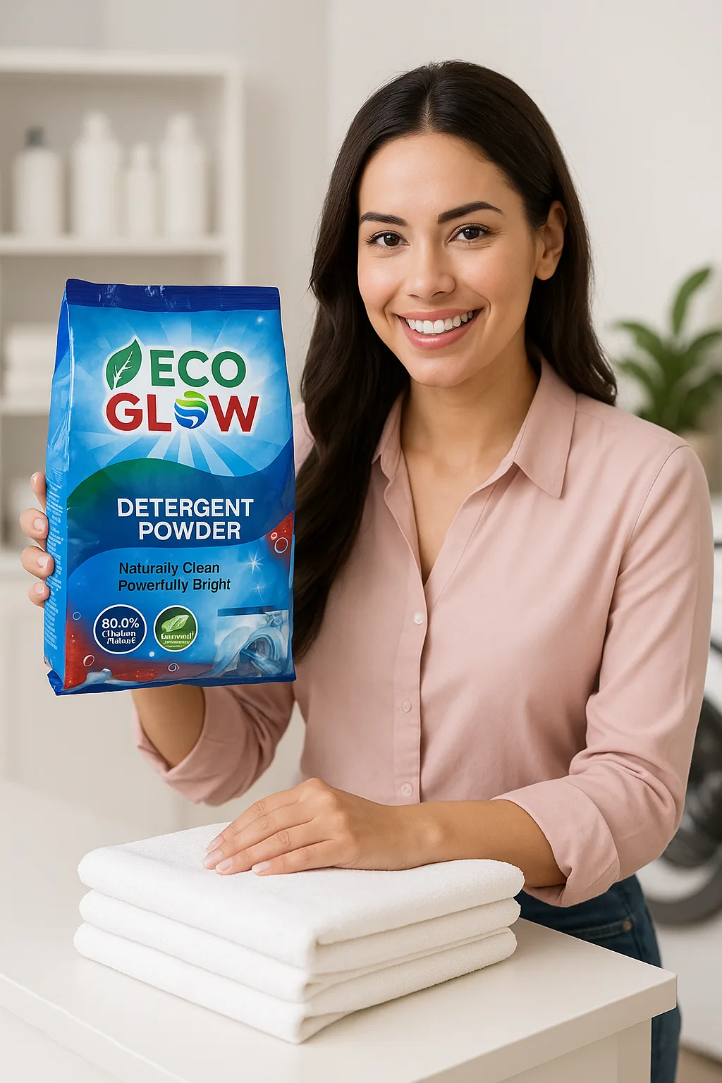 Woman holding a pack of EcoGlow detergent powder